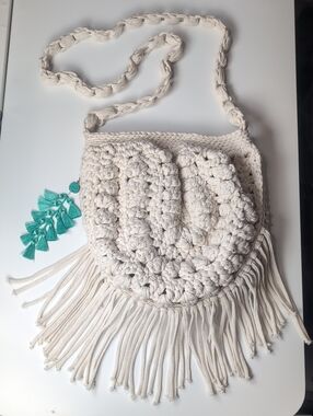 Handmade Cream Crochet Fringe Crossbody Bag By Beehive Crochet